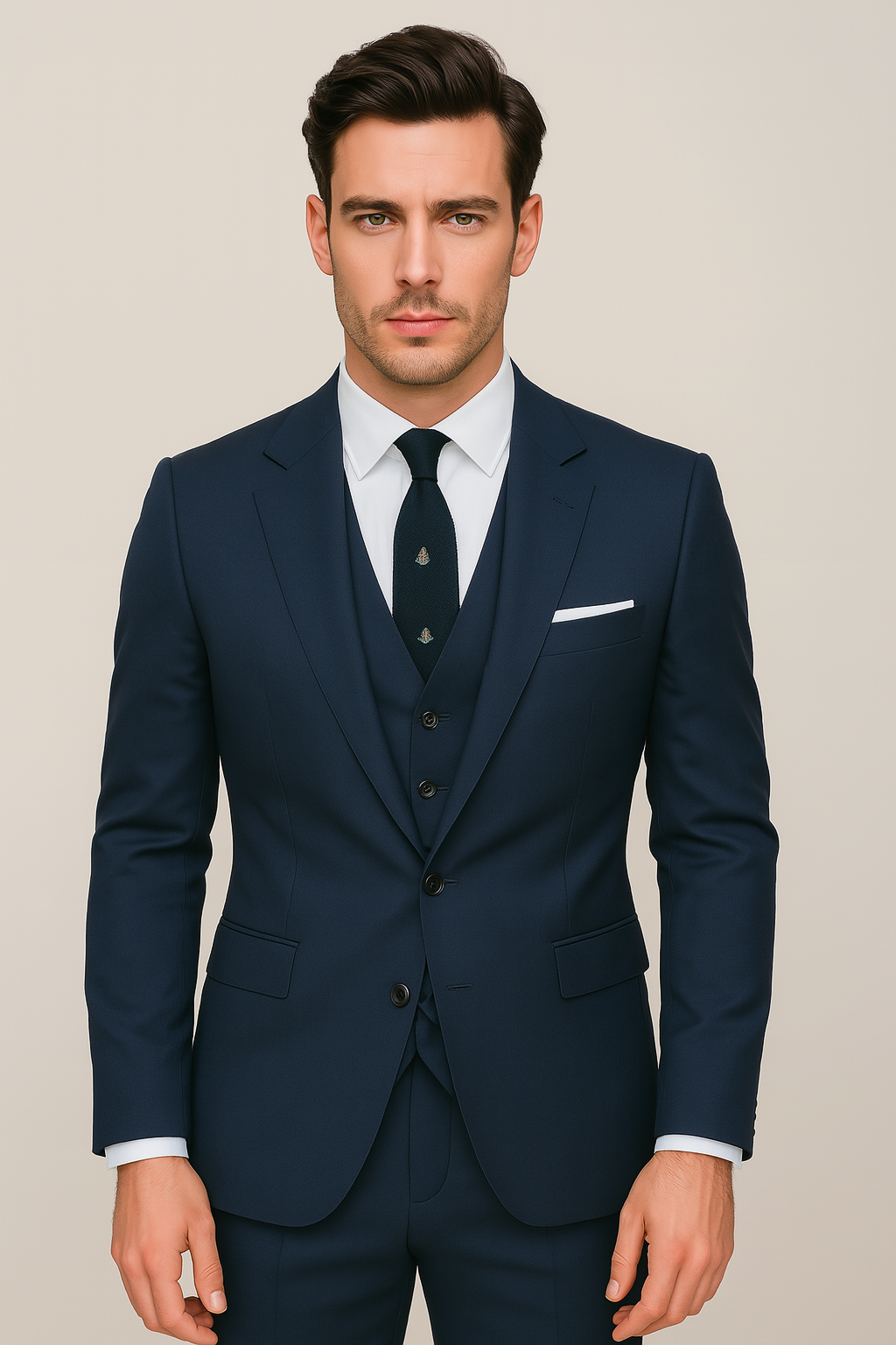 Men’s Navy Blue Three-Piece Suit – Business Casual Blazer, Waistcoat & Trousers