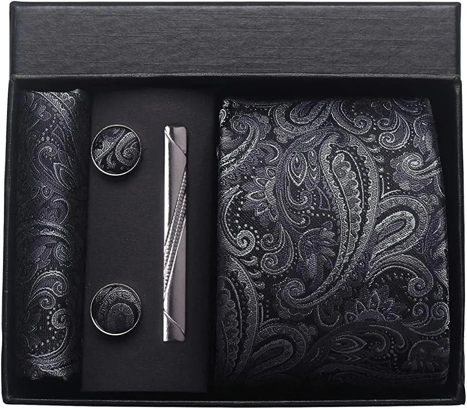Men’s Paisley Tie Gift Set – Formal Necktie, Pocket Square, Cufflinks & Clip in Box