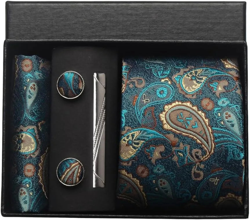 Men’s Paisley Tie Gift Set – Formal Necktie, Pocket Square, Cufflinks & Clip in Box