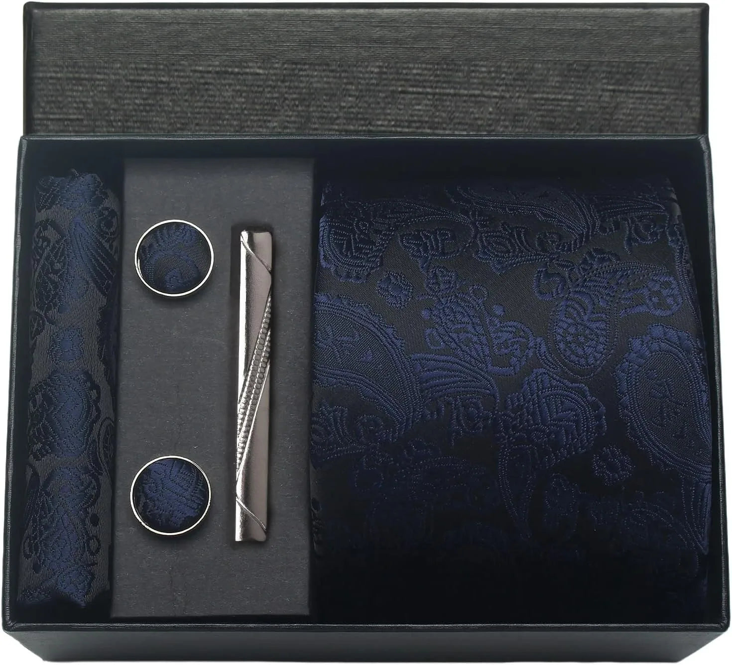 Men’s Paisley Tie Gift Set – Formal Necktie, Pocket Square, Cufflinks & Clip in Box