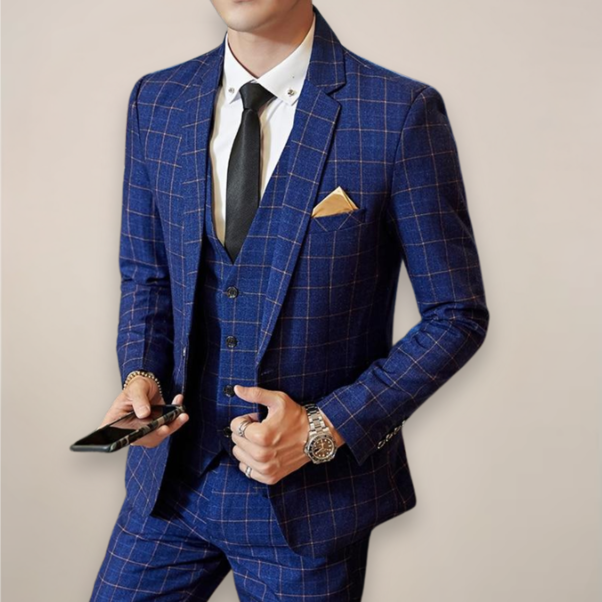 Men’s Plaid Two-Piece Formal Suit – Slim Fit Checked Blazer & Trousers