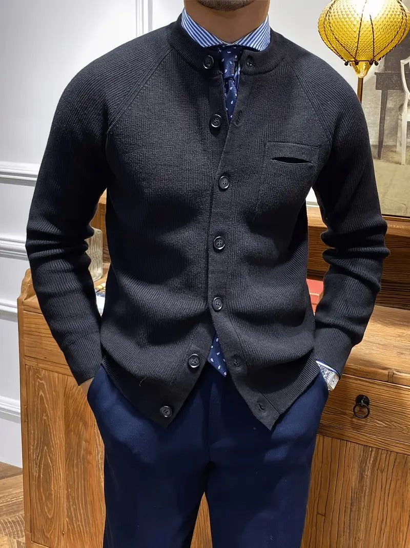 Men’s Ribbed Cardigan Sweater – Crew Neck, Button Front, Chest Pocket