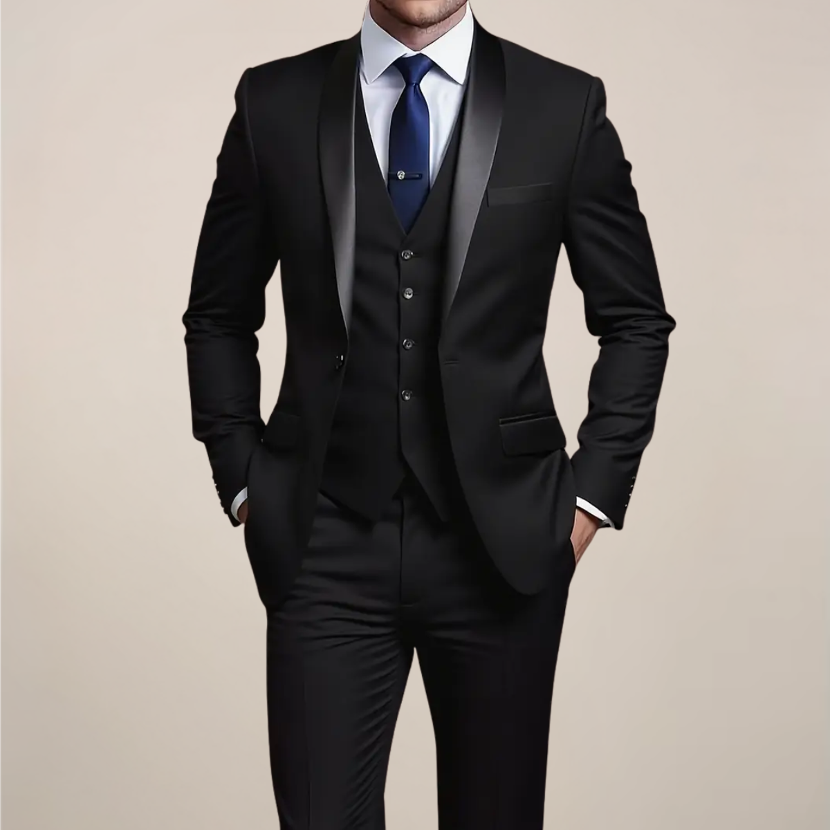 Men’s Slim Fit Three-Piece Tuxedo Suit – Tailored Formal Ensemble for Weddings & Black-Tie Events