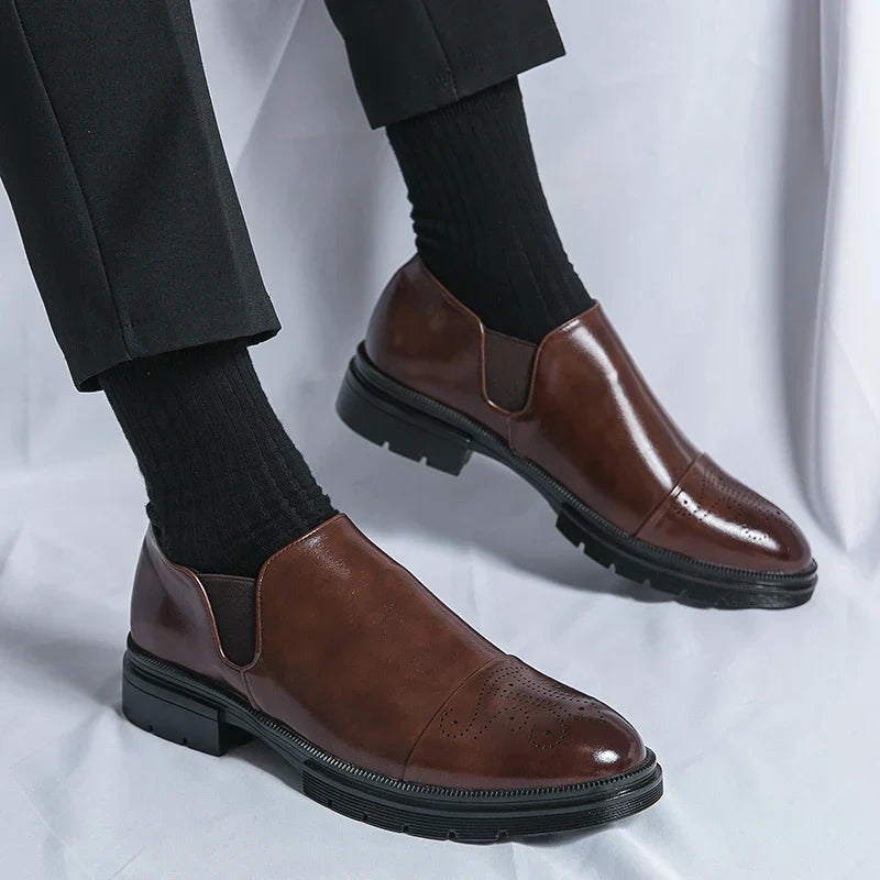 Men’s Slip-On Leather Shoes – Smart Casual Comfort with Elastic Panels