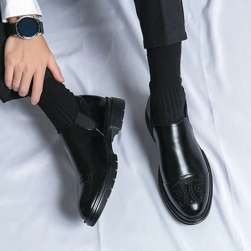 Men’s Slip-On Leather Shoes – Smart Casual Comfort with Elastic Panels