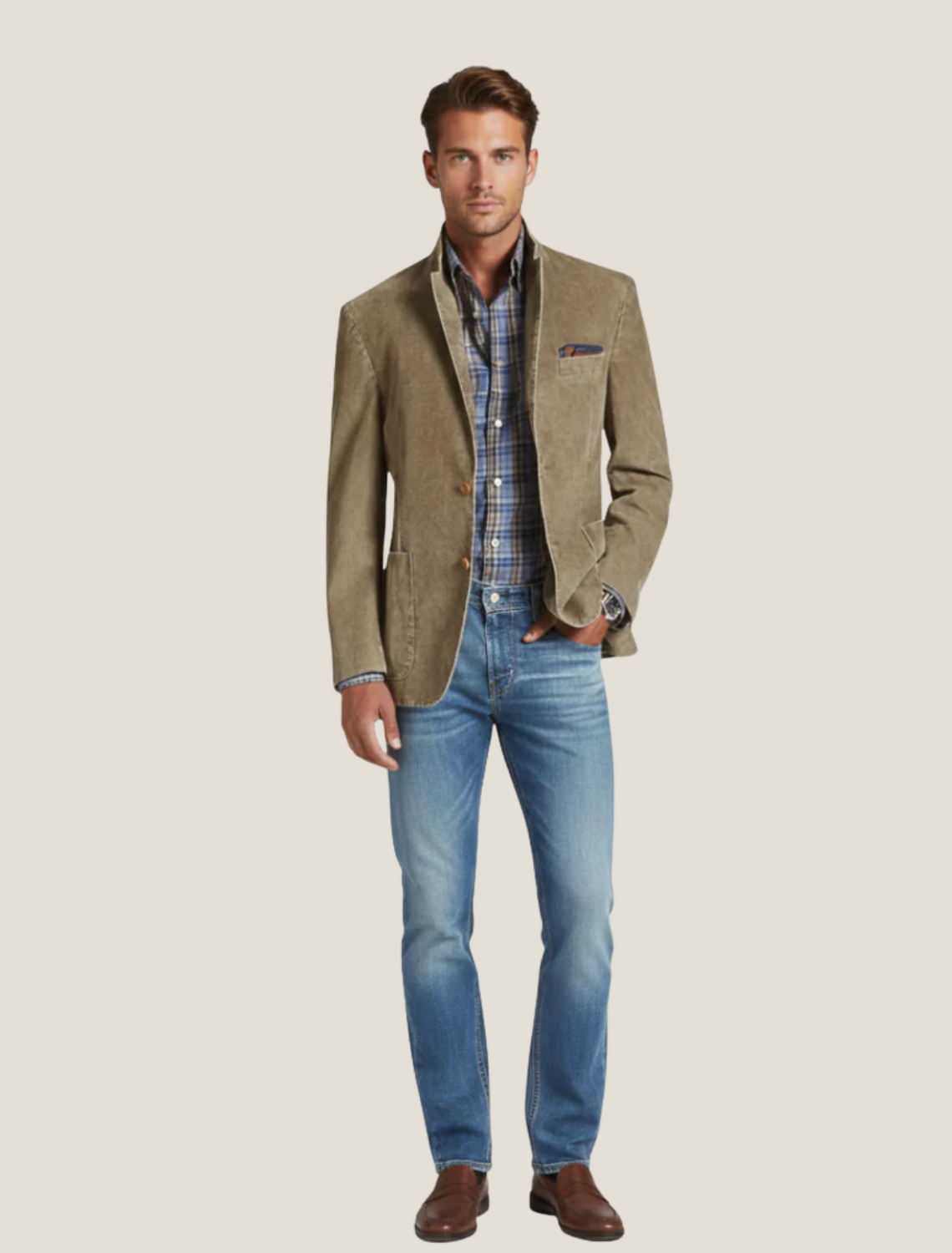 Men’s Tailored Blazer – Notched Lapel Design with Front Button Closure