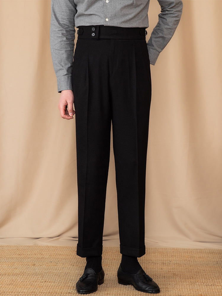Men’s Tailored Trousers – Wool Blend – High-Rise Waist – Pleated Front – Cuffed Hem