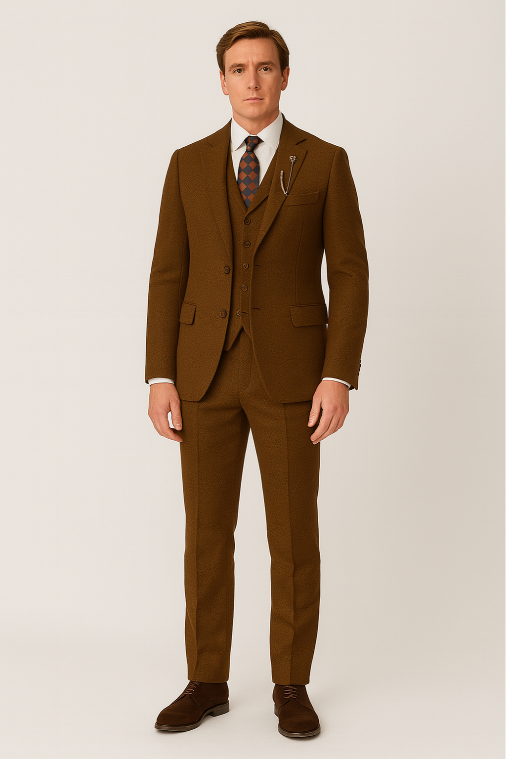 Men’s Three-Piece Brown Tweed Suit – Tailored Blazer, Waistcoat and Trousers