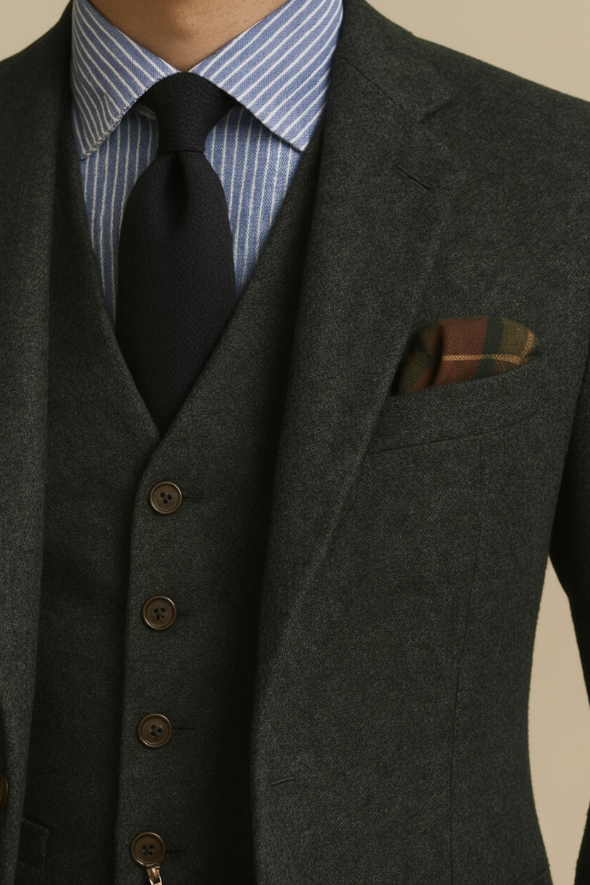 Men’s Tweed Green 3-Piece Tailored Suit – Classic Tuxedo