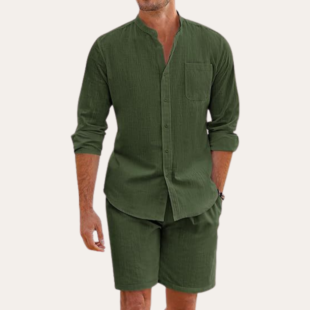 Men’s Two-Piece Summer Set – Long Sleeve Shirt and Shorts – Relaxed Fit – Lightweight and Breathable