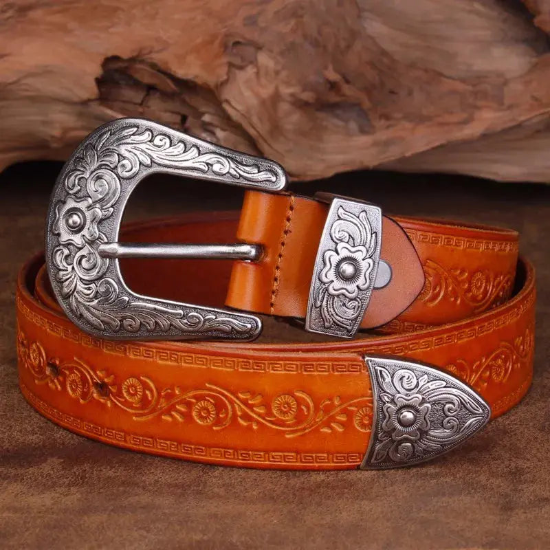 Men’s Western Belt with Embossed Detailing and Ornate Buckle – Smart Casual and Evening