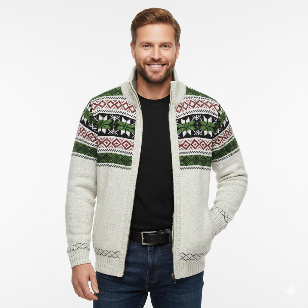 Moris Men's Fleece Vest – Winter Jacquard Jacket with High Collar & Scandinavian Patterns