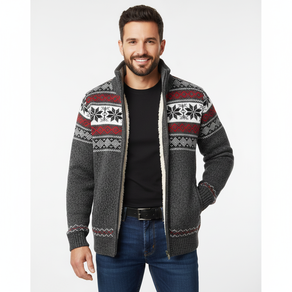 Moris Men's Fleece Vest – Winter Jacquard Jacket with High Collar & Scandinavian Patterns