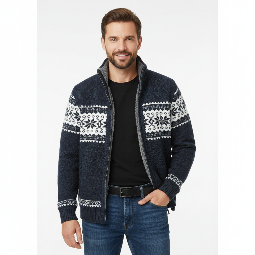 Moris Men's Fleece Vest – Winter Jacquard Jacket with High Collar & Scandinavian Patterns