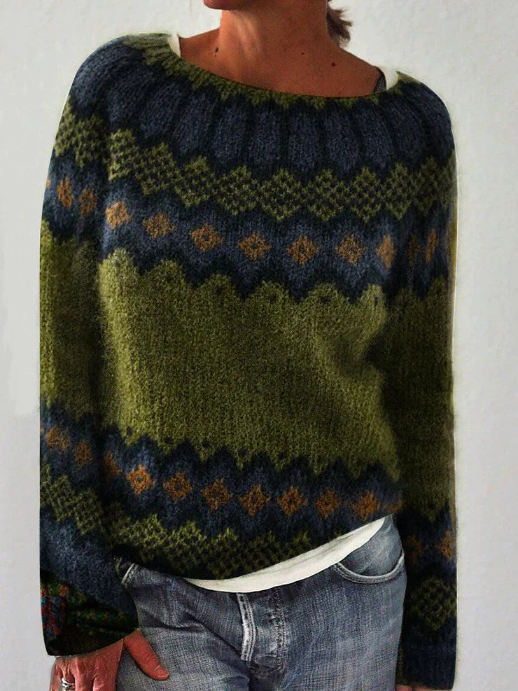 Sylvie Women's Vintage Sweater – Warm Geometric Patterns in Modern Retro Style