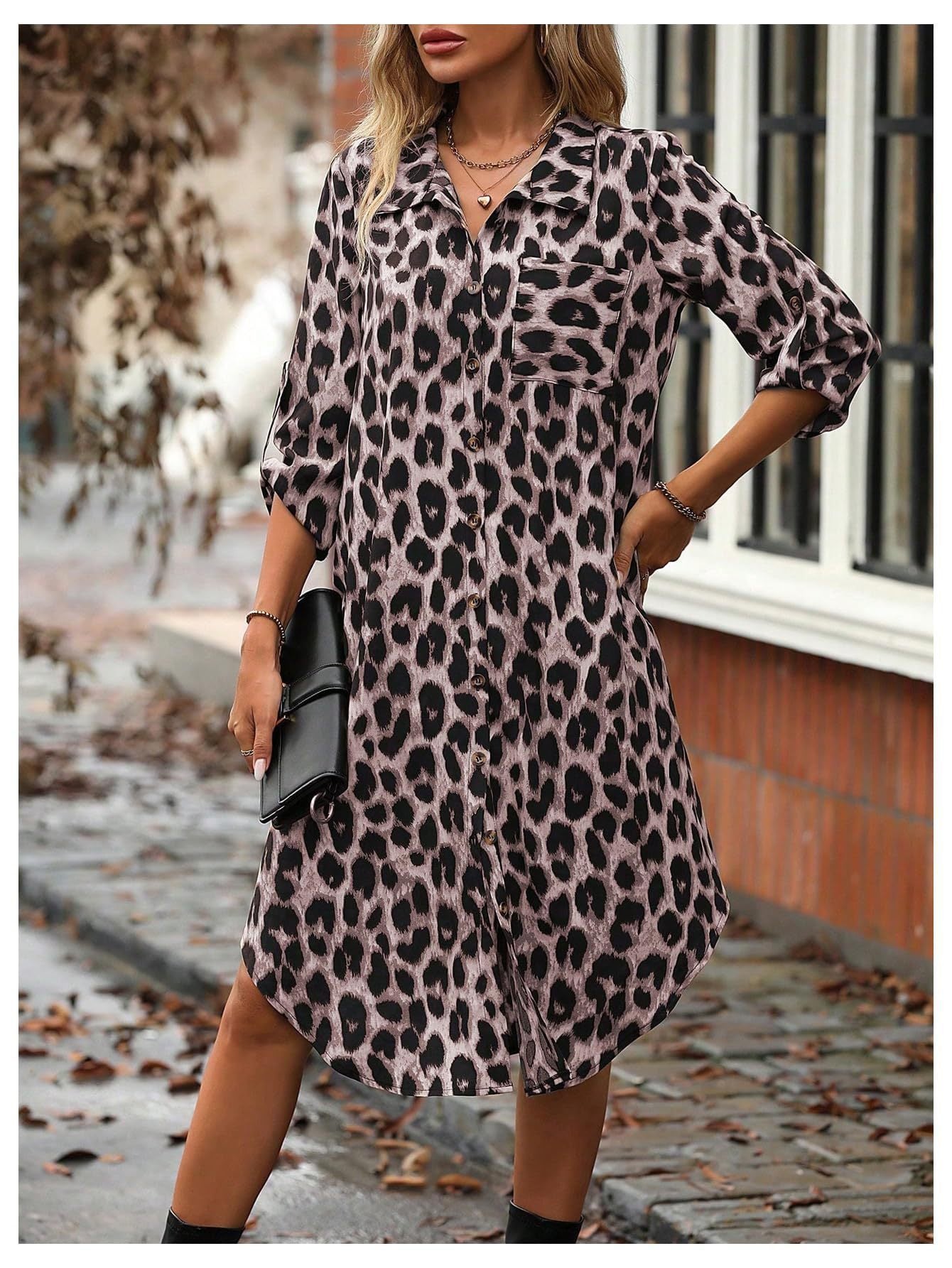 Women's Leopard Print Button-Up Midi Dress - Versatile Casual & Elegant
