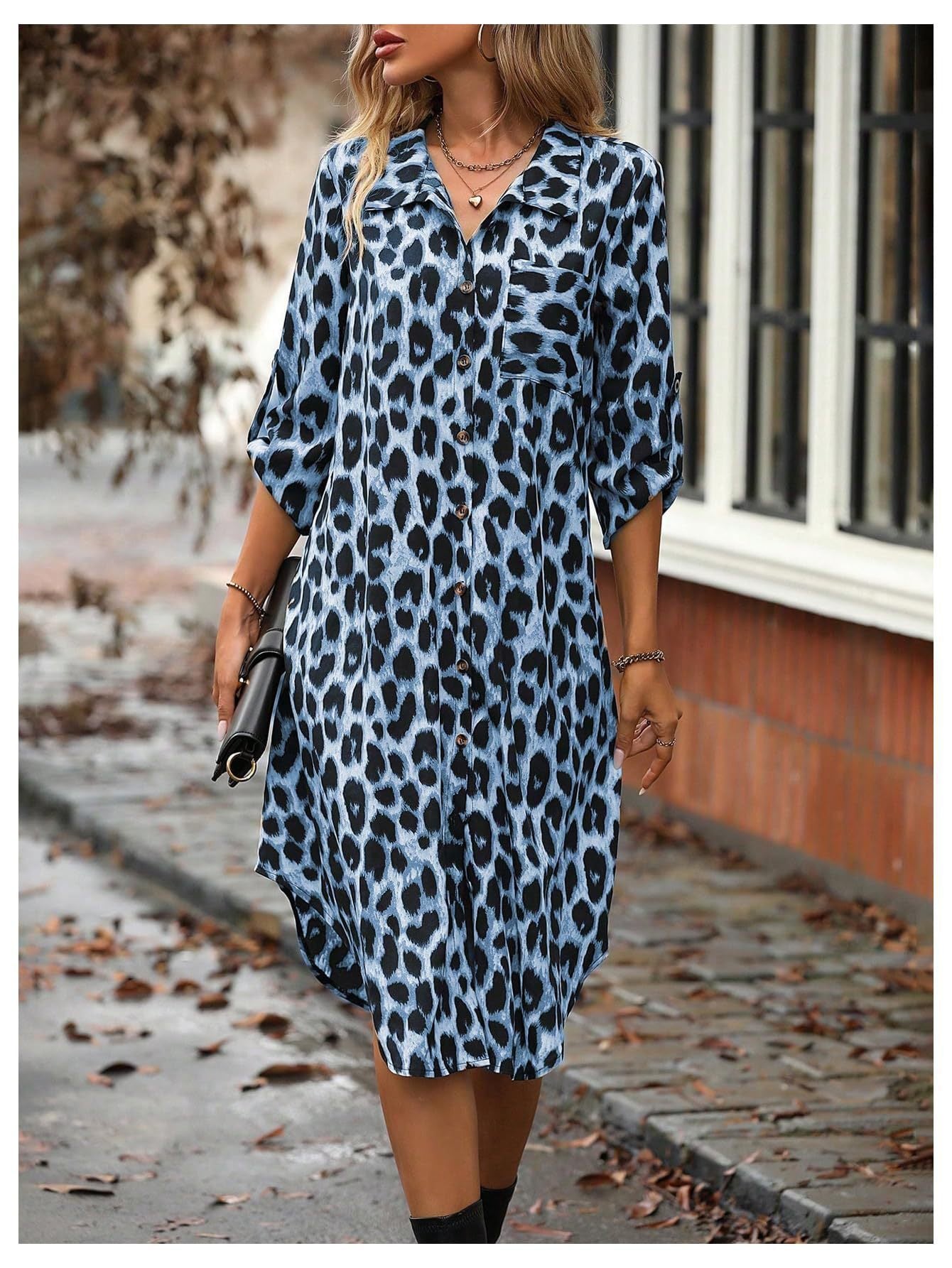 Women's Leopard Print Button-Up Midi Dress - Versatile Casual & Elegant