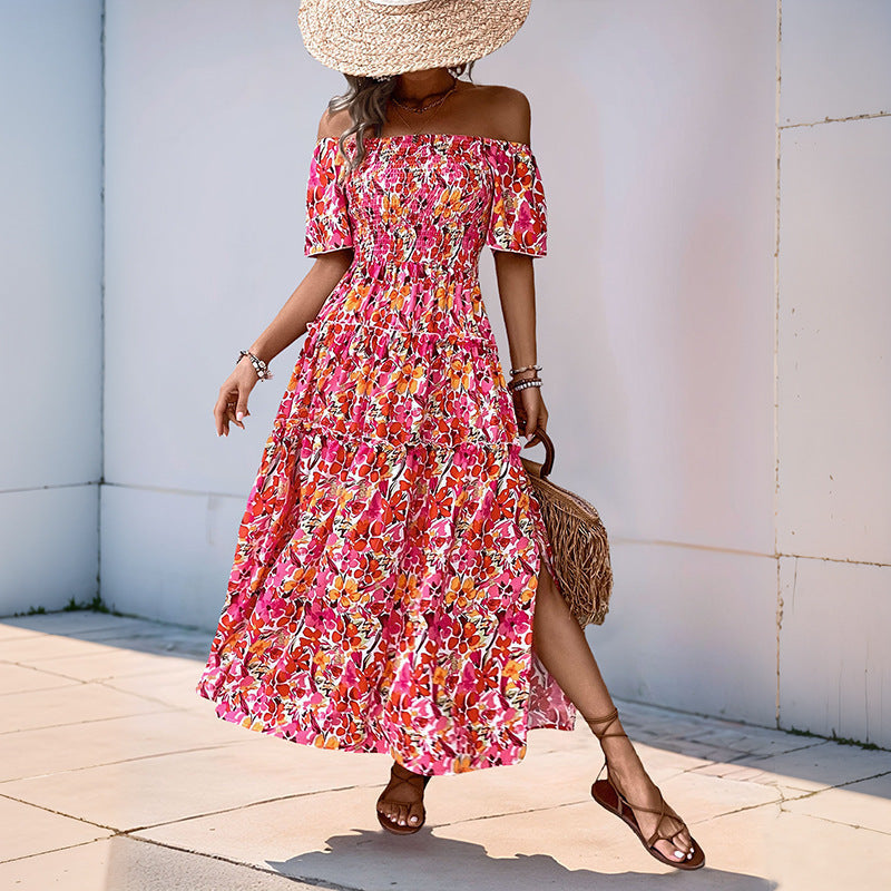 Women's Red Off-Shoulder Maxi Dress - Tiered Ruffle Summer Style