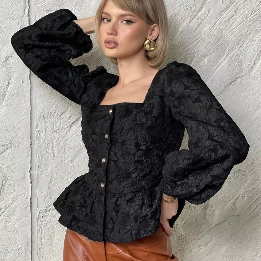 Charlotte Blouse Femme – Elegant Jacquard Top with Square Neckline & Chic Long Sleeves