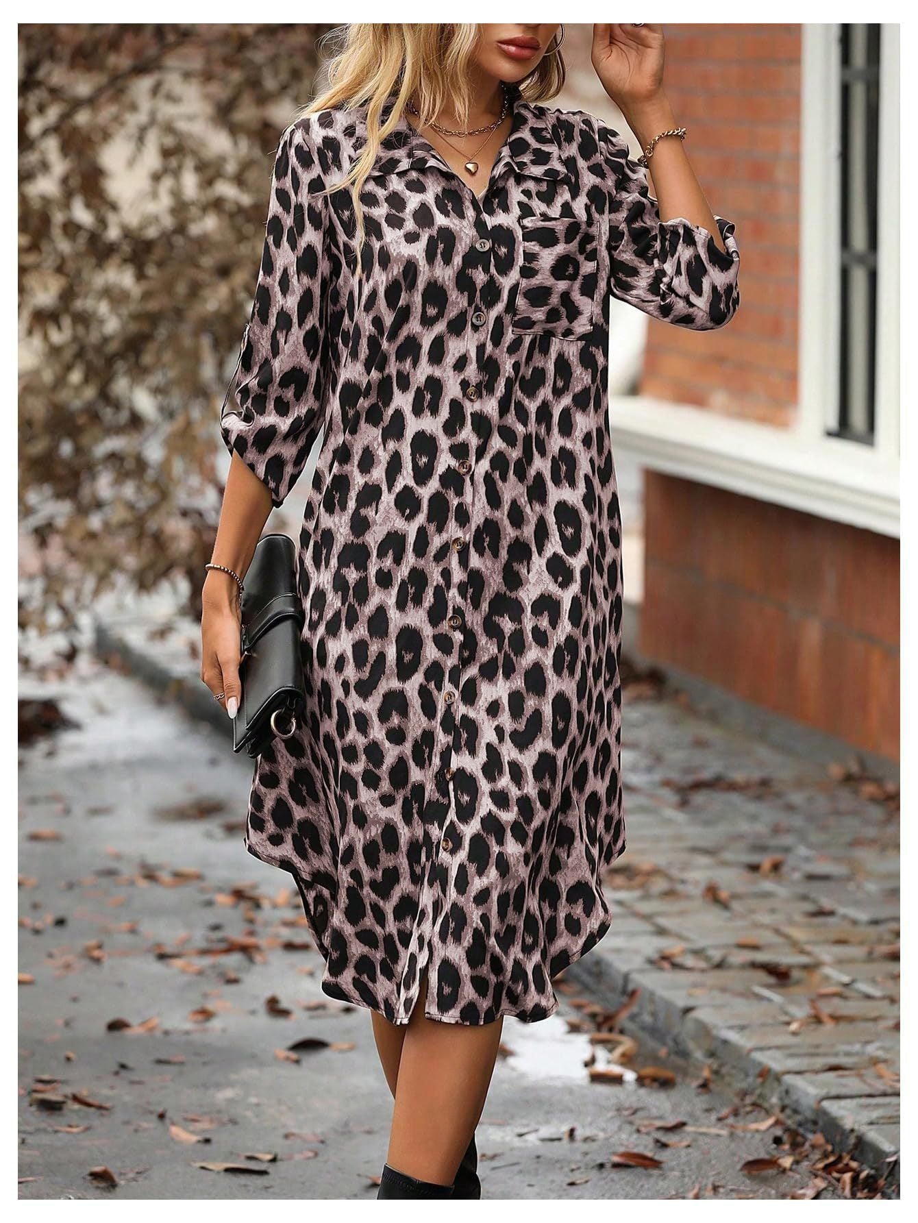 Women's Leopard Print Button-Up Midi Dress - Versatile Casual & Elegant