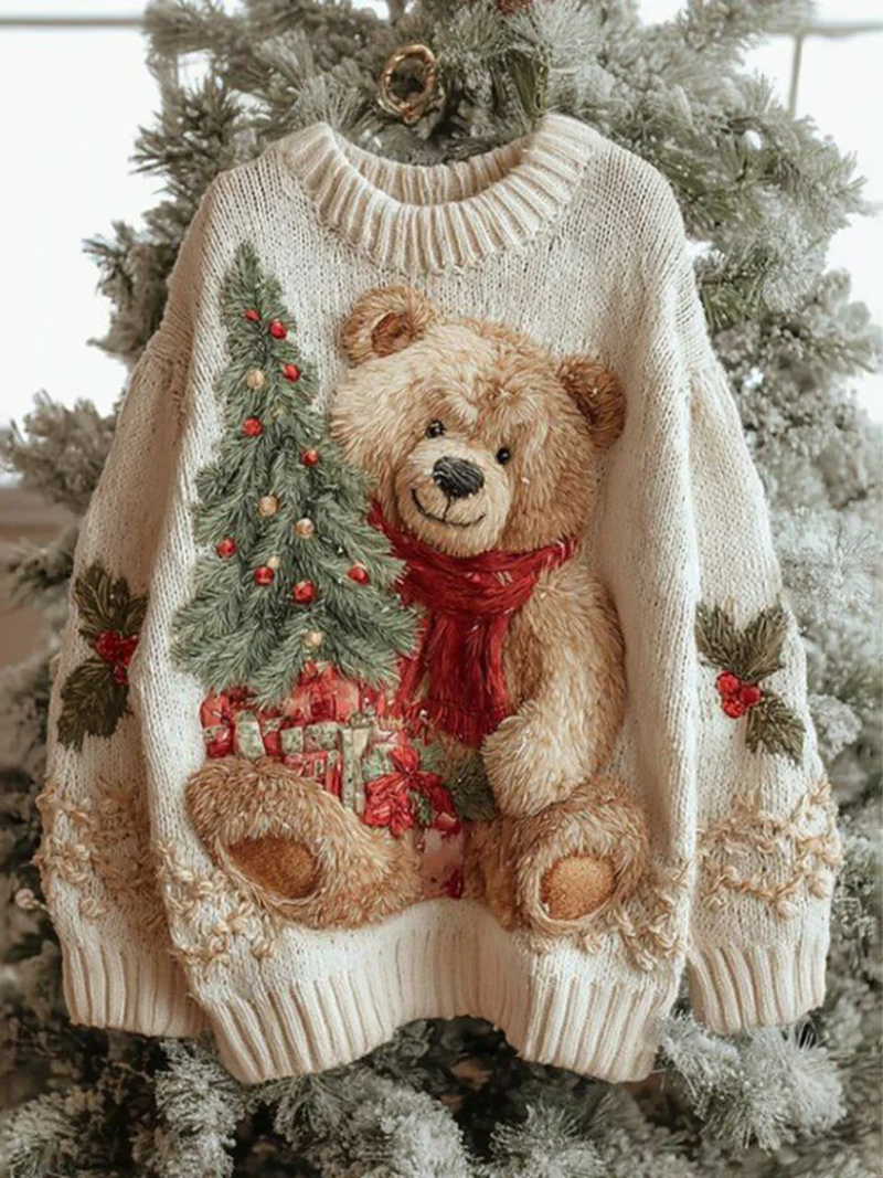 Women's Christmas Pull Daisy Emora Nova – Festive Teddy Knit & Christmas Tree Pattern