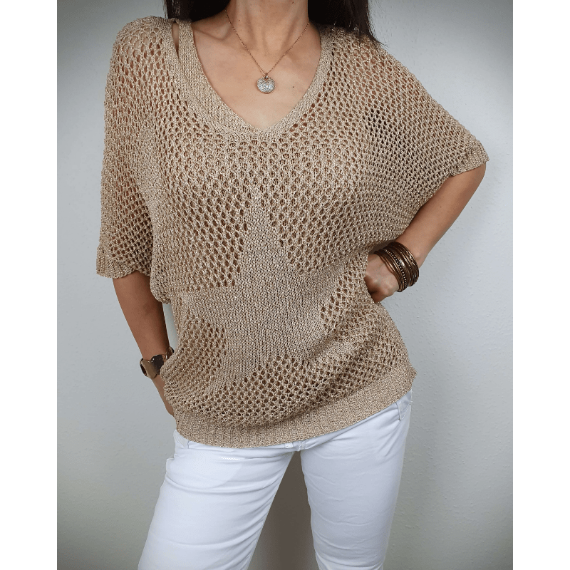 Prisca Haut Femme – Sophisticated Crochet Knit, ¾ Sleeves & Light Bohemian Style