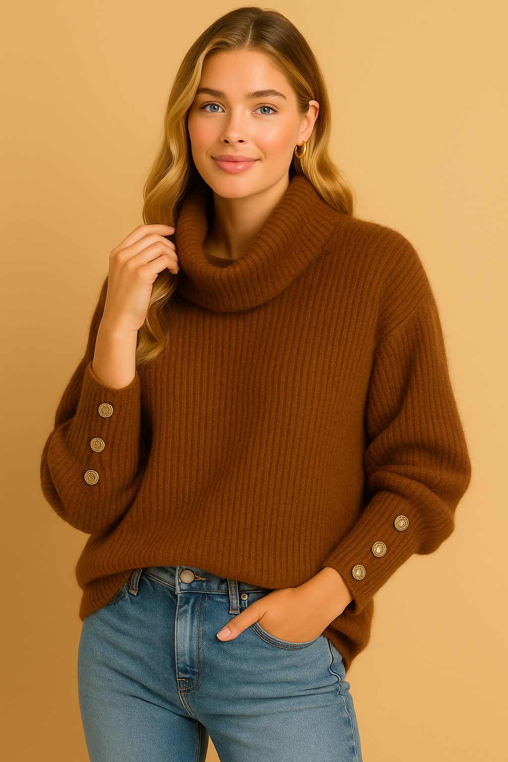 Eliana Turtleneck Sweater for Women – Elegant High Neck Sweater with Button Details and Timeless Fit