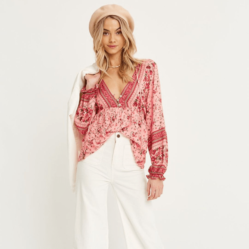 Rafaela Tunic Woman Looksy – Bohemian Floral Print, Buttoned V-Neck & Flowing Cut