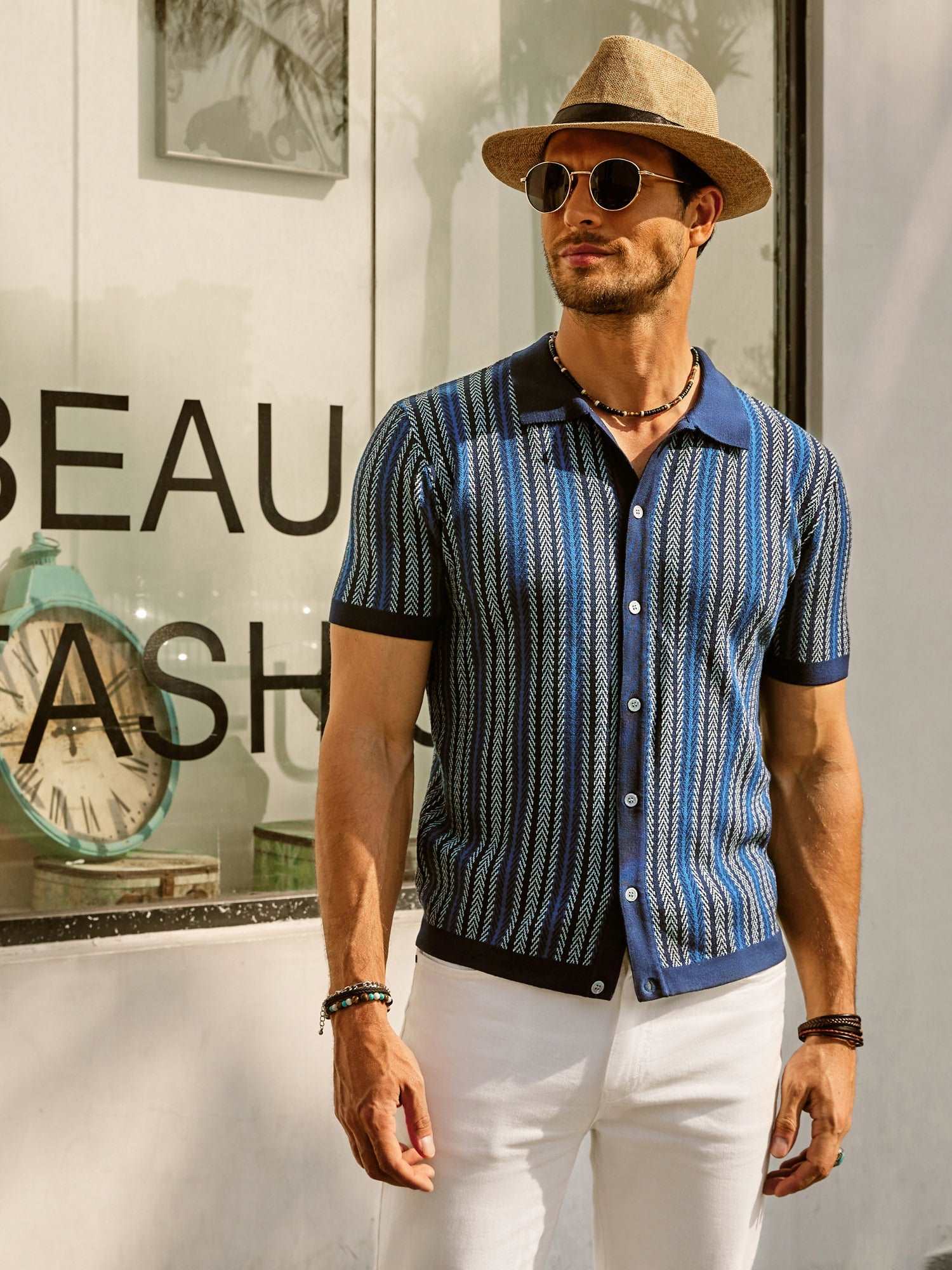 Retro Striped Button-Down Polo Shirt – Short Sleeve Vintage Look for Men