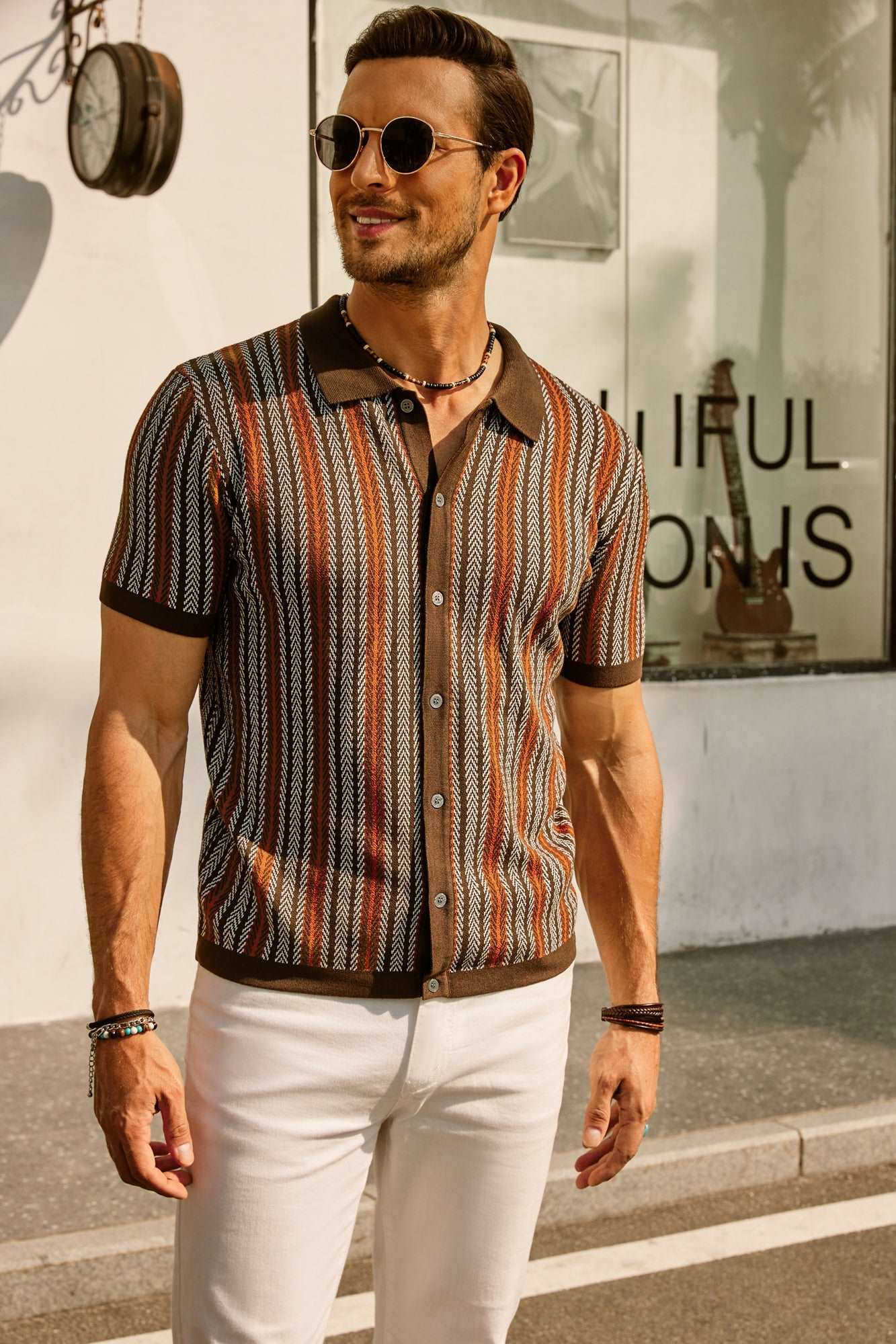 Retro Striped Button-Down Polo Shirt – Short Sleeve Vintage Look for Men