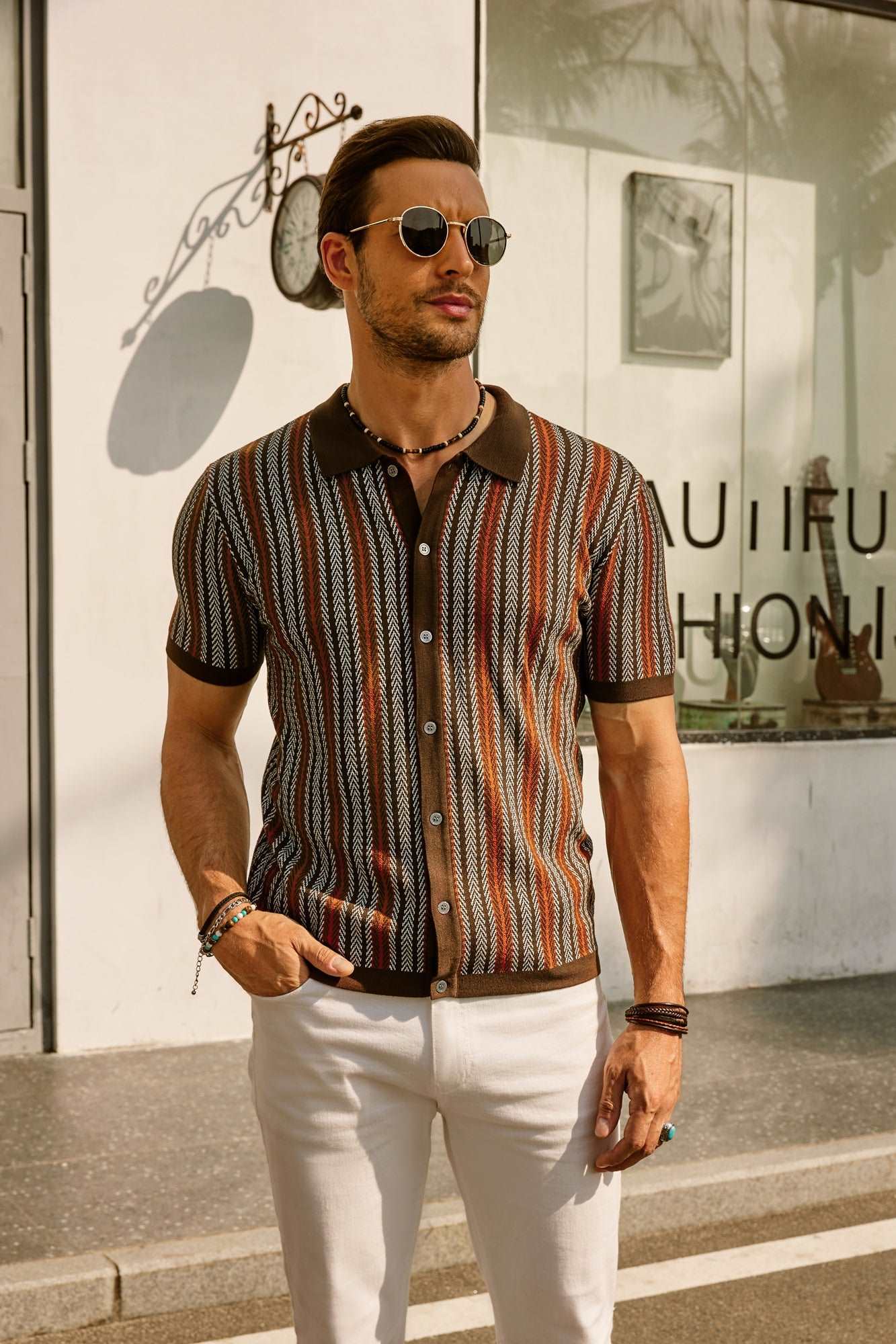Retro Striped Button-Down Polo Shirt – Short Sleeve Vintage Look for Men