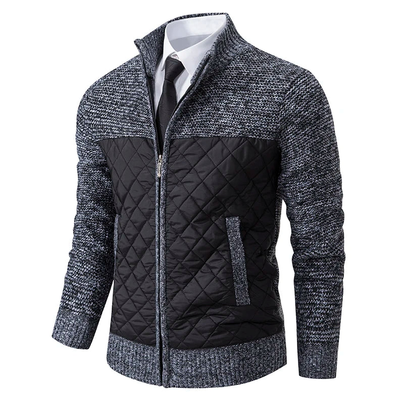 Men's Zipped Adrian Cardigan – Quilted Panels & Fine Knit with Stand Collar