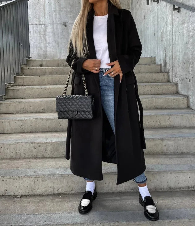 Talia Long Coat Woman – Elegant Winter Trench with Belt & Warm Lining