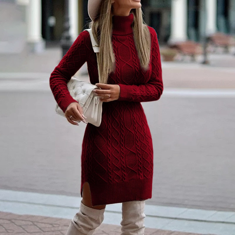 Women's Knitted Mini Dress - Turtleneck & Slim Fit