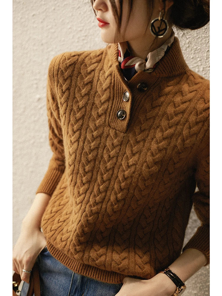 Sharmaine Women's Buttoned Sweater – Soft Cable Knit Sweater with Elegant Collar