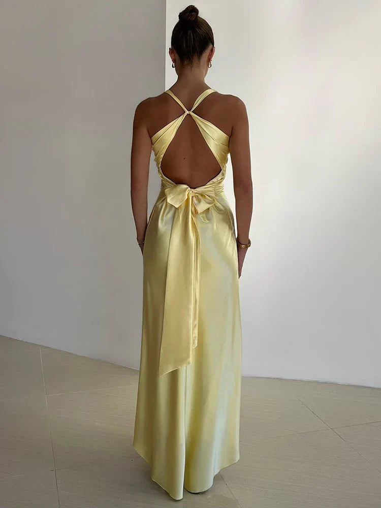 Elegant Satin Halter Neck Evening Dress for Women