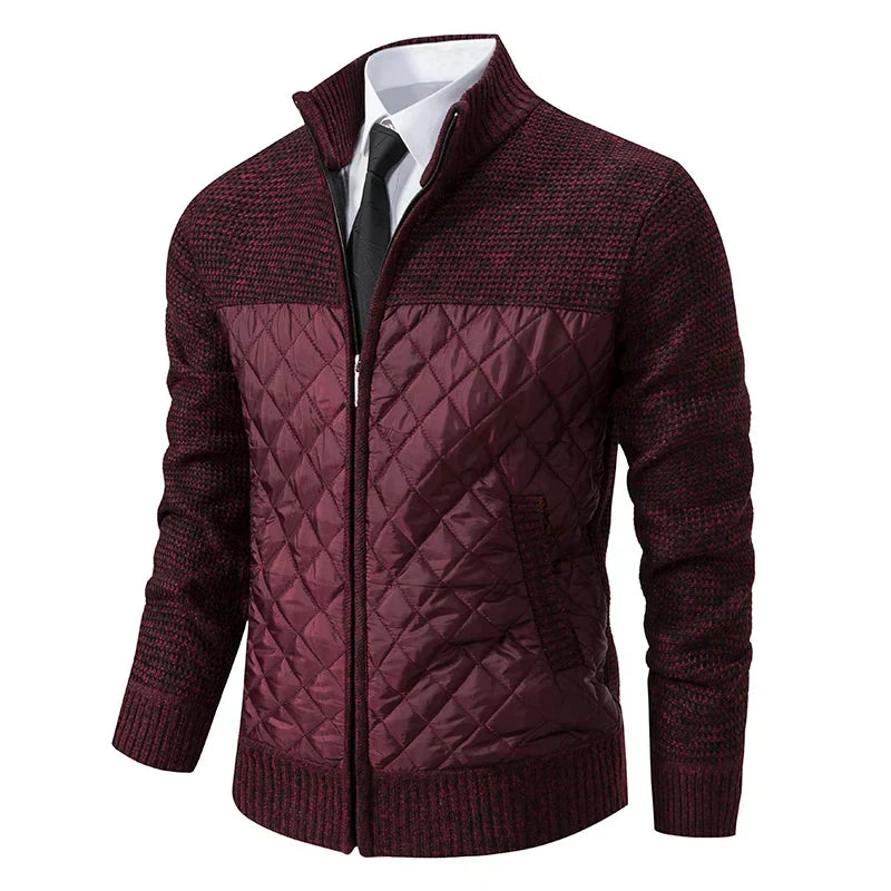 Men's Zipped Adrian Cardigan – Quilted Panels & Fine Knit with Stand Collar