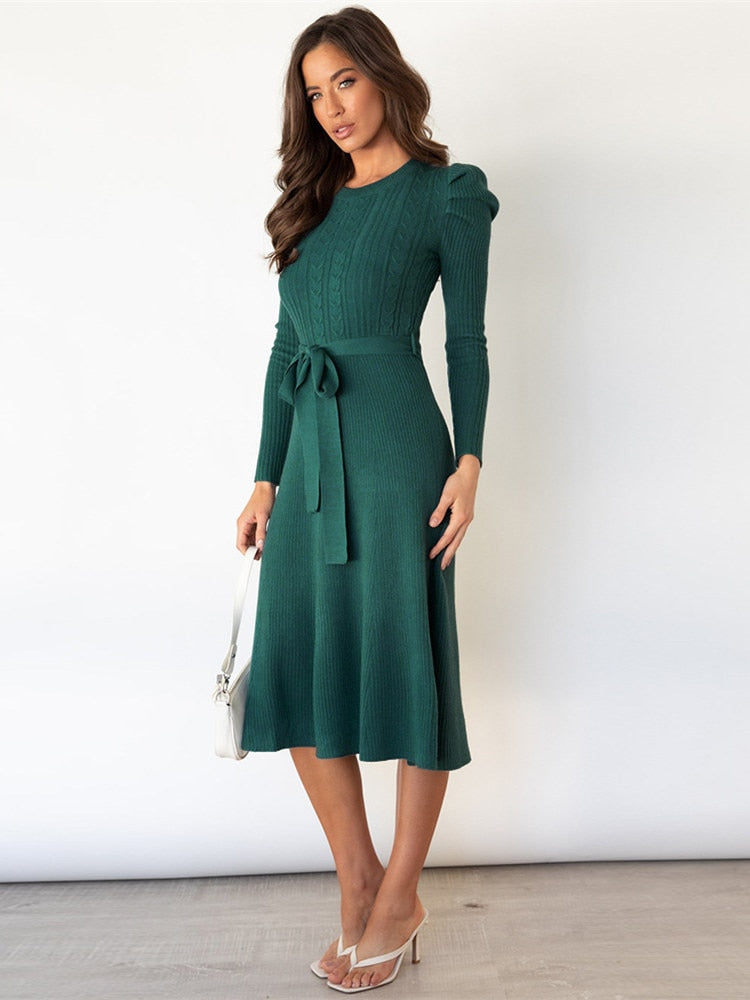 Women's Knitted Dress - Puff Sleeves with Self-Tie Belt