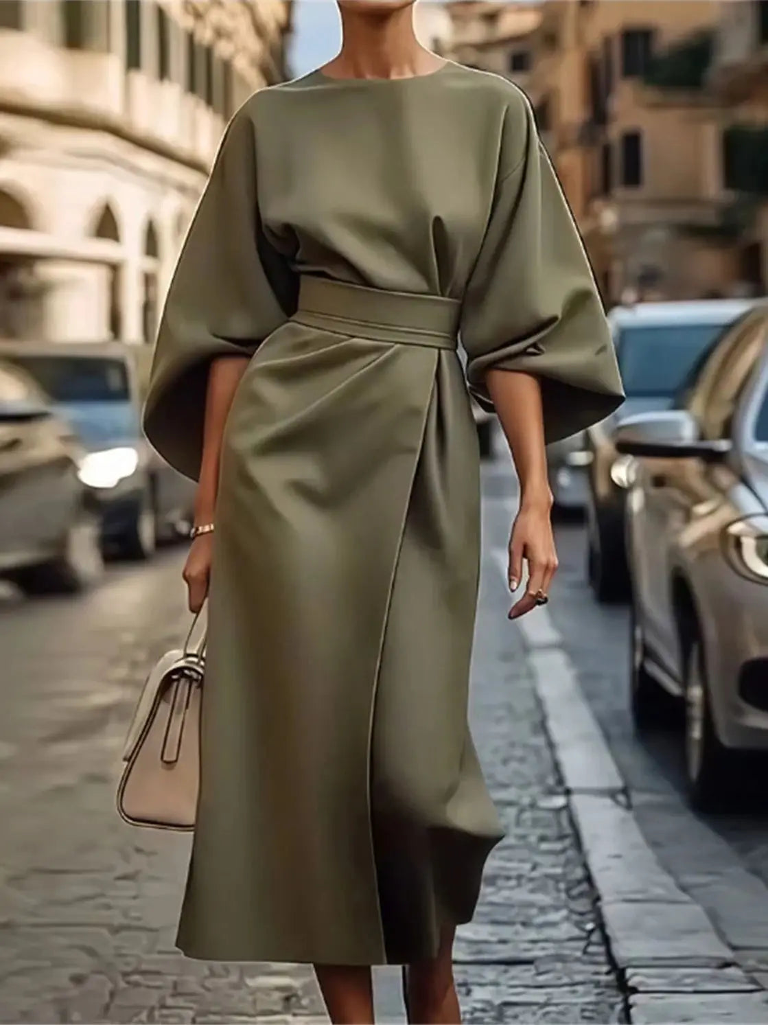 Elegant A-Line Maxi Dress with Belted Waist and Bell Sleeves for Women