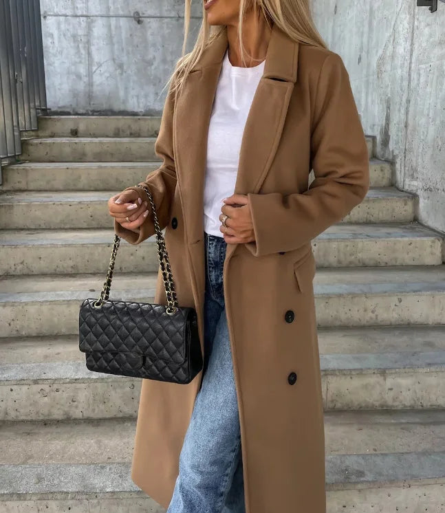Grace Women's Wool Coat – Long Double-Breasted Coat with Structured Cut & Elegant Style
