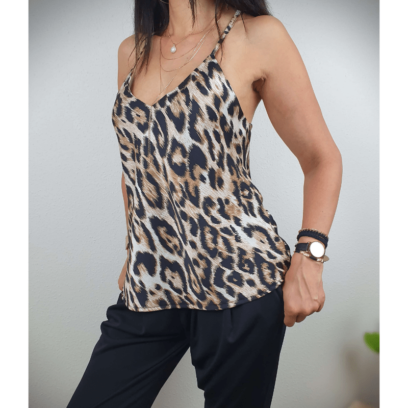 Sabrina Women's Tank Top Looksy – Leopard Print, V-Neck & Adjustable Straps