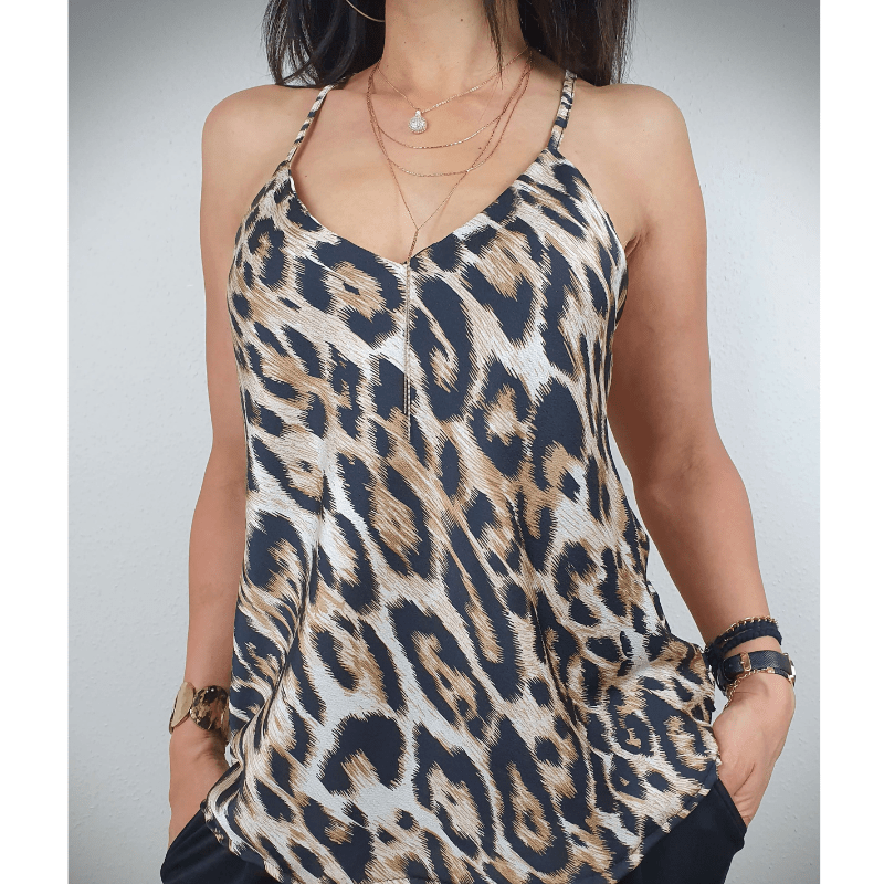 Sabrina Women's Tank Top Looksy – Leopard Print, V-Neck & Adjustable Straps