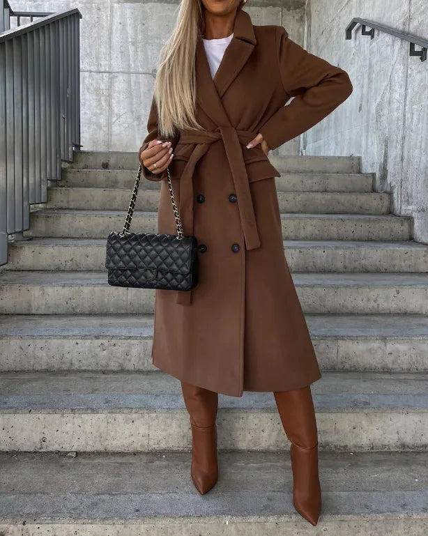 Grace Women's Wool Coat – Long Double-Breasted Coat with Structured Cut & Elegant Style