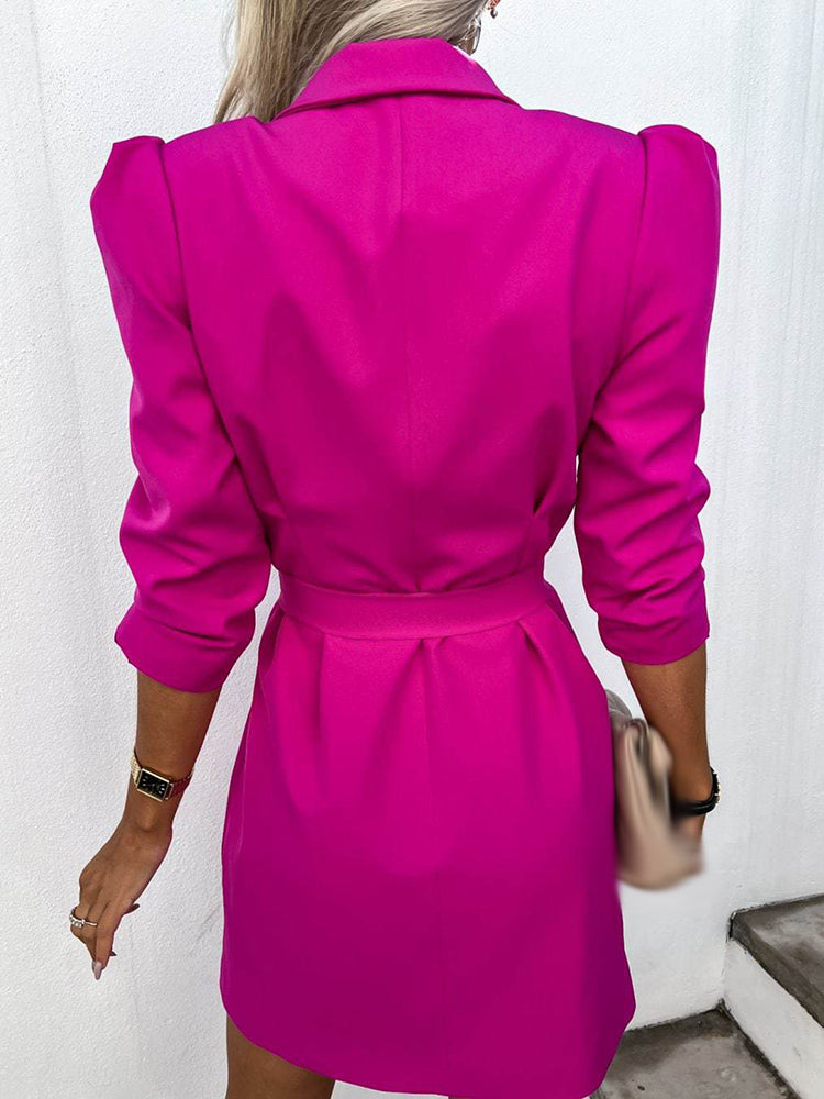Women's Double-Breasted Blazer Dress - Puff Sleeve, Tailored Fit