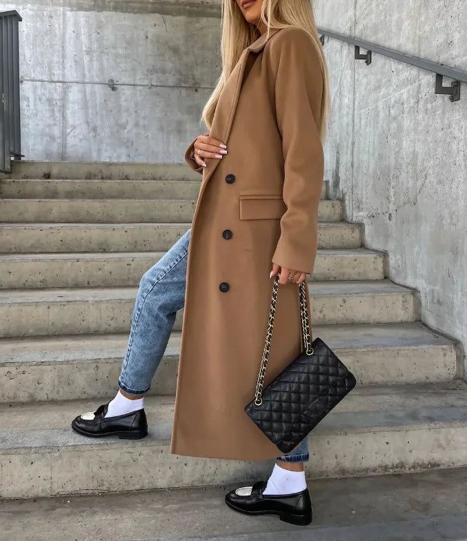 Grace Women's Wool Coat – Long Double-Breasted Coat with Structured Cut & Elegant Style