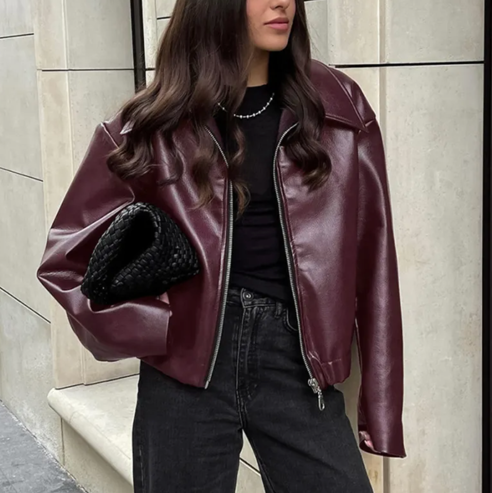 Celeste Bomber Jacket Women in Faux Leather – Trendy Oversize Cut with Classic Collar