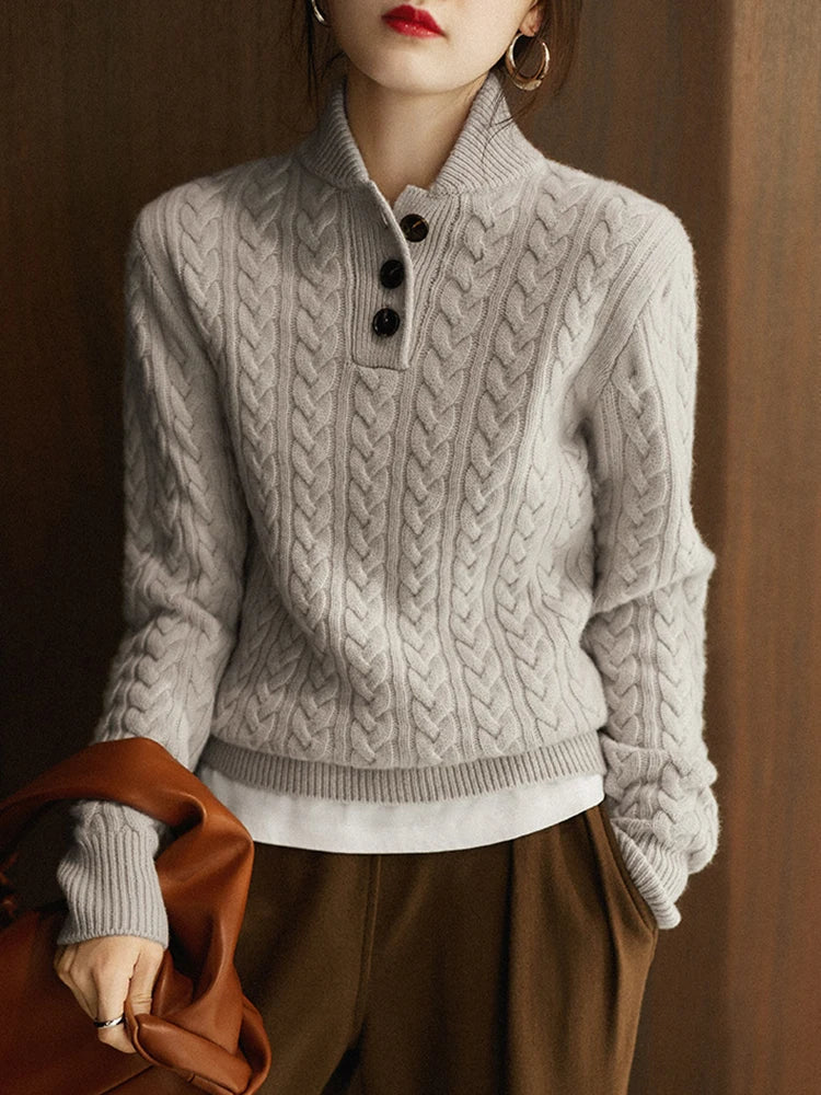 Sharmaine Women's Buttoned Sweater – Soft Cable Knit Sweater with Elegant Collar