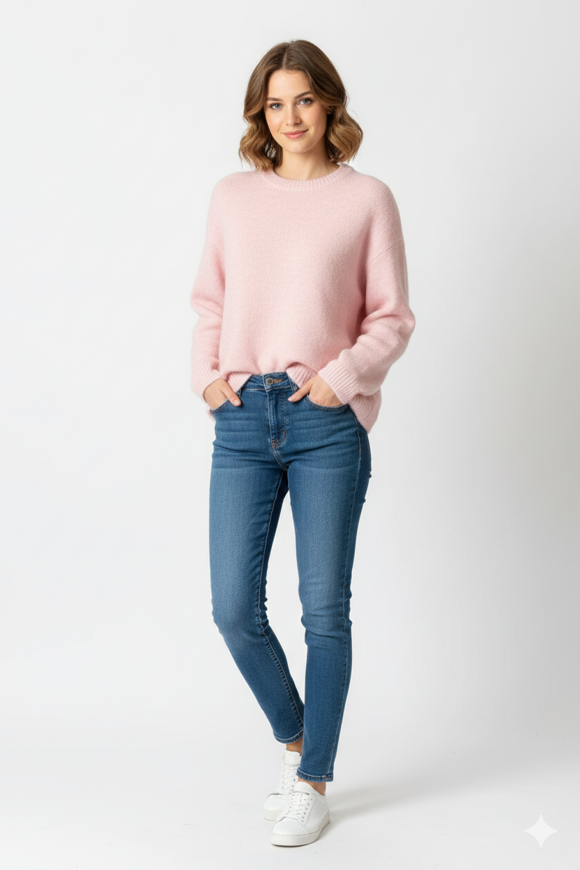 Bodina Women's Soft Knit Oversize Sweater – Elegant Round Neck & Balloon Sleeves