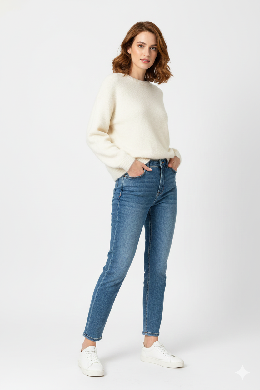 Bodina Women's Soft Knit Oversize Sweater – Elegant Round Neck & Balloon Sleeves