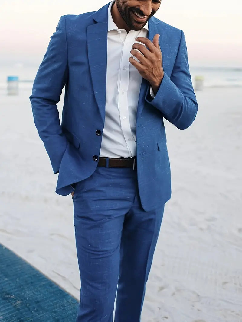 Two-Piece Linen Blend Men’s Suit – Slim Blazer & Trousers for Business & Weddings